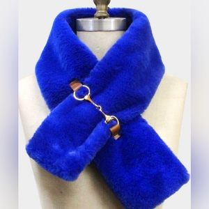 Horsebit detailing on Super Luxurious Royal Blue Faux Fur crossover Scarf